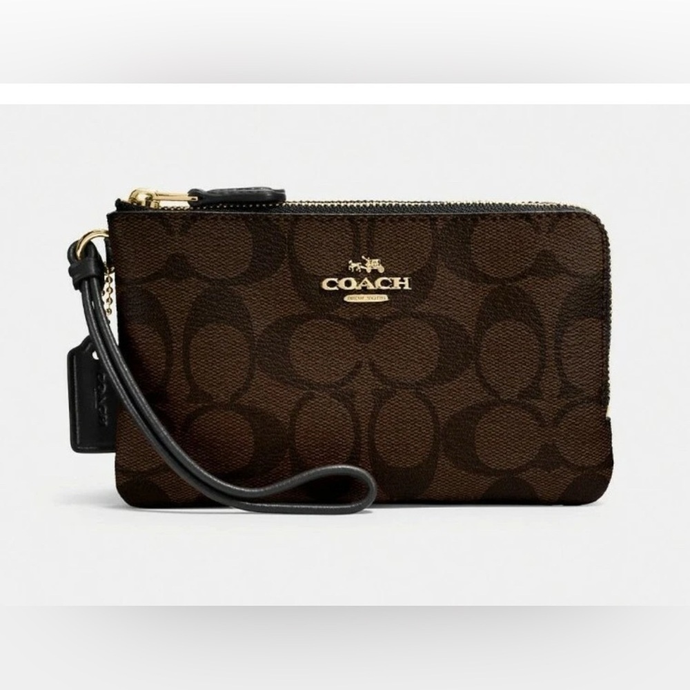 Coach Double Corner Zip Wristlet Brown/Black Signature Coated Canvas
